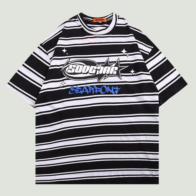 

Summer Oversized Striped Short Sleeve T Shirt Mens Creative Letter Star Printed Tees Streetwear Casual Loose Cotton Tshirts Male