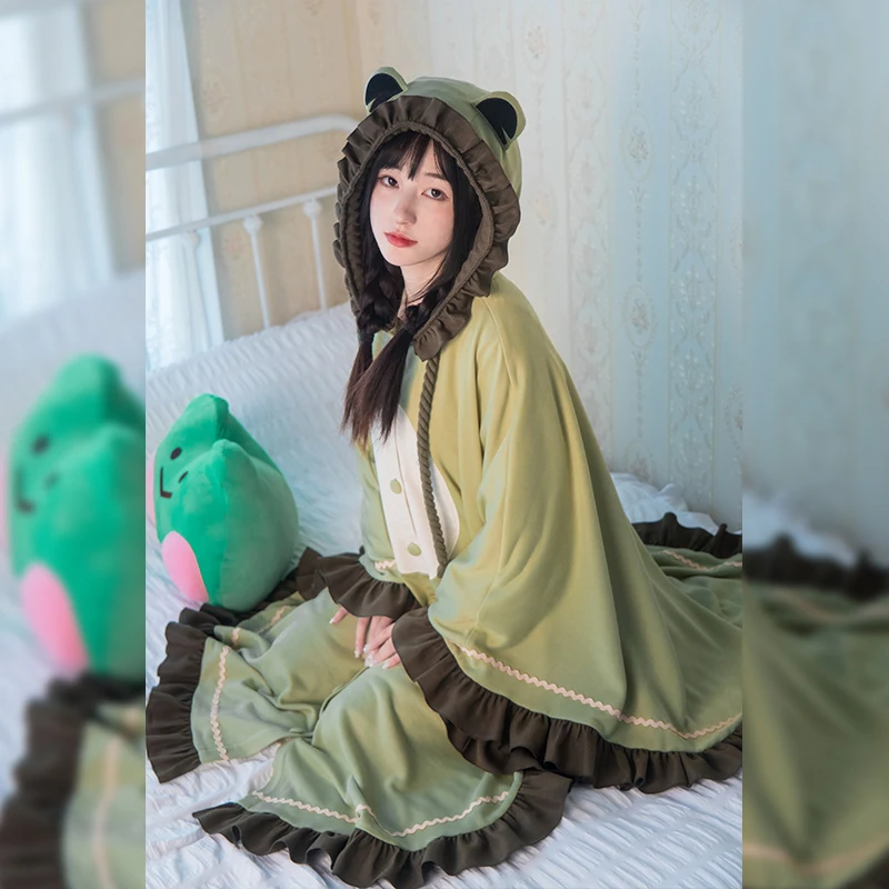Lounge Onesies Soft Frog Cape Style Affixed Cloth Embroidered Homewear Air Conditioning Blanket Pocket Long Casual Loose Coat