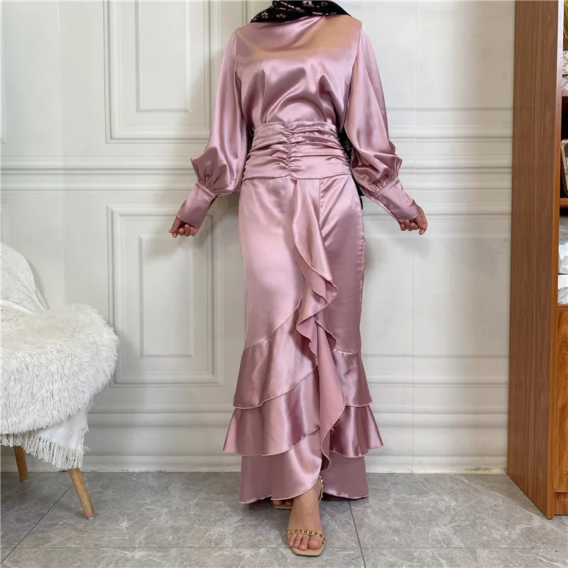 Islamic New Satin Round Neck Shirt Long Sleeve Ruffled Half Skirt Solid Color Slim Fit Muslim Women's Long Dress Two Piece Set