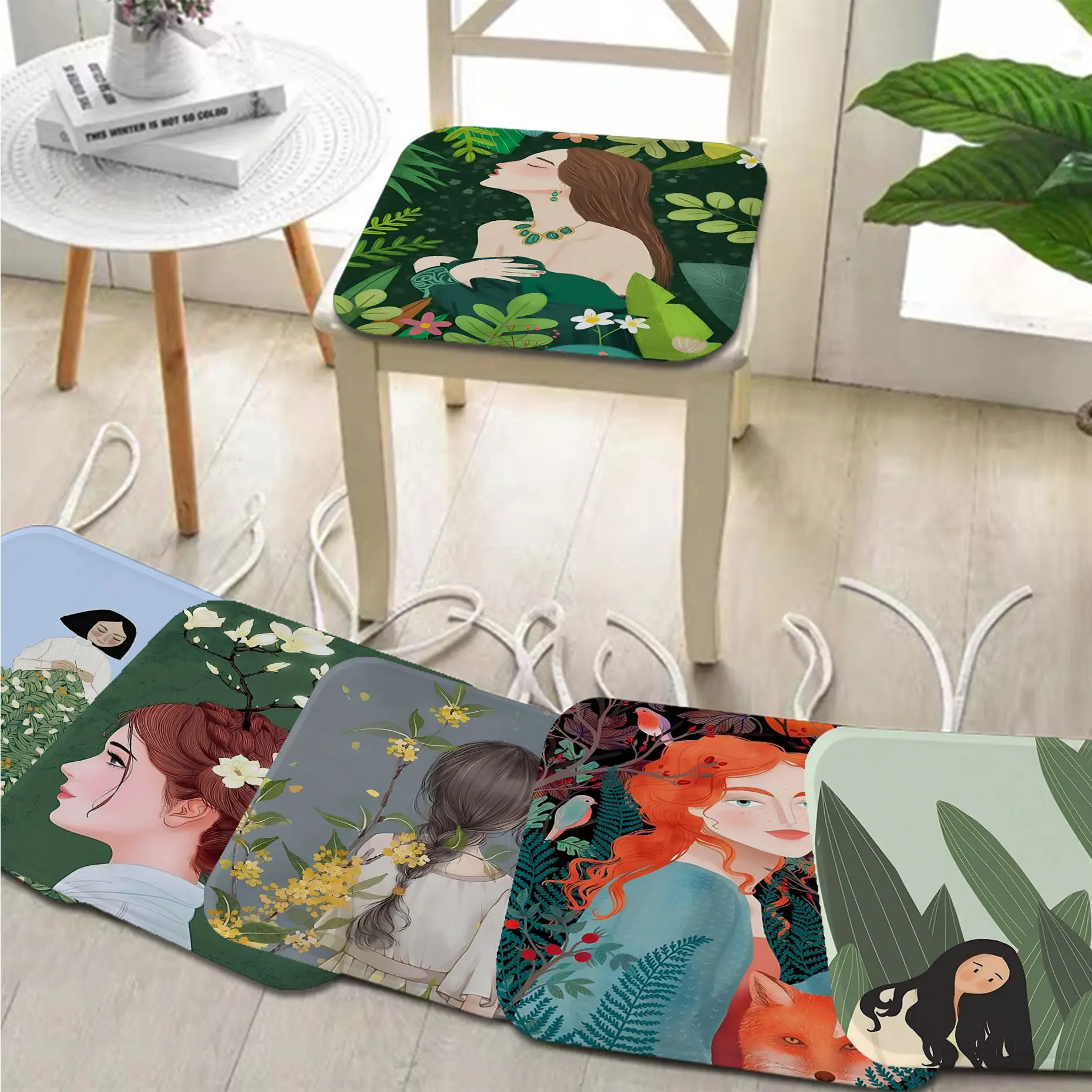 

The Plant And The Girl Tie Rope Seat Cushion Office Dining Stool Pad Sponge Sofa Mat Non-Slip Chair Cushions