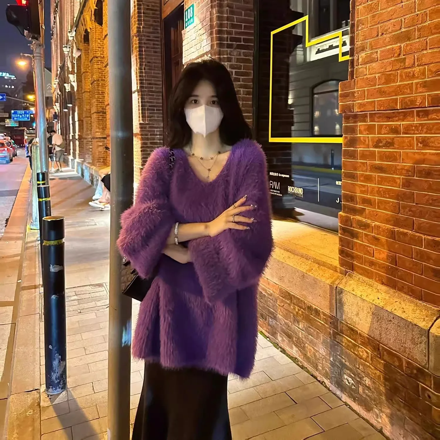 Осенне-зимний высококачественный фиолетовый бархатный свитер из искусственной