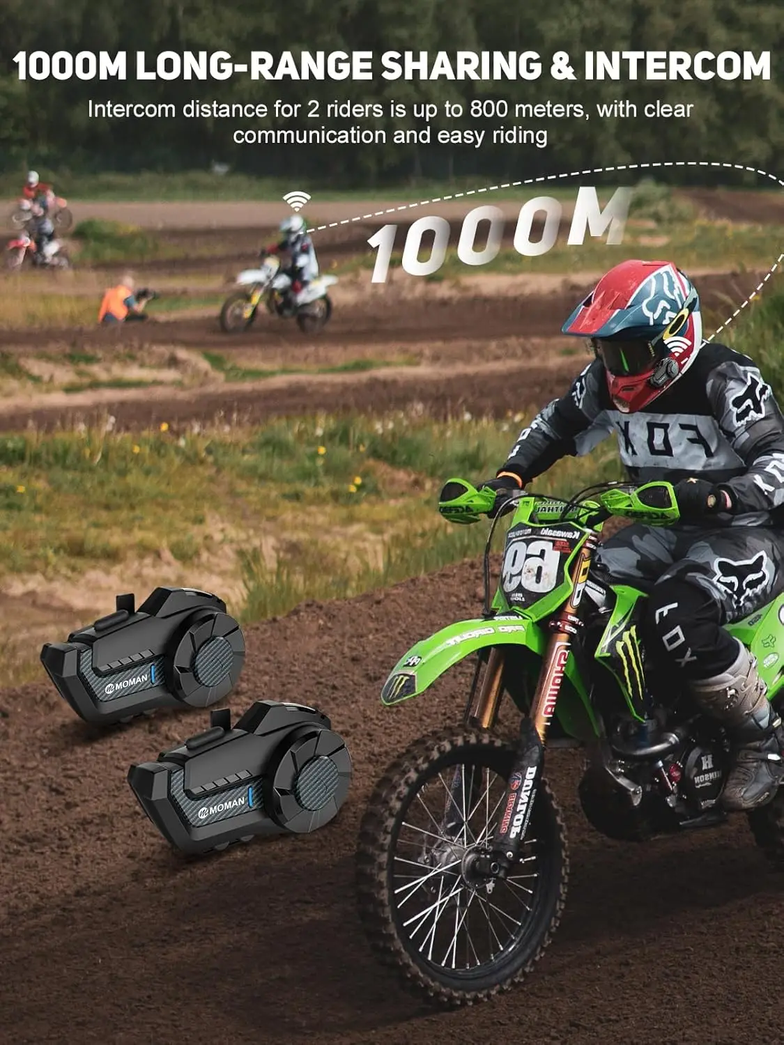 Фото Система связи Moman Motorcycle Intercom H2Pro для мотоциклетного шлема до 1000M с шумоподавлением DSP и CVC FM Music Share №3
