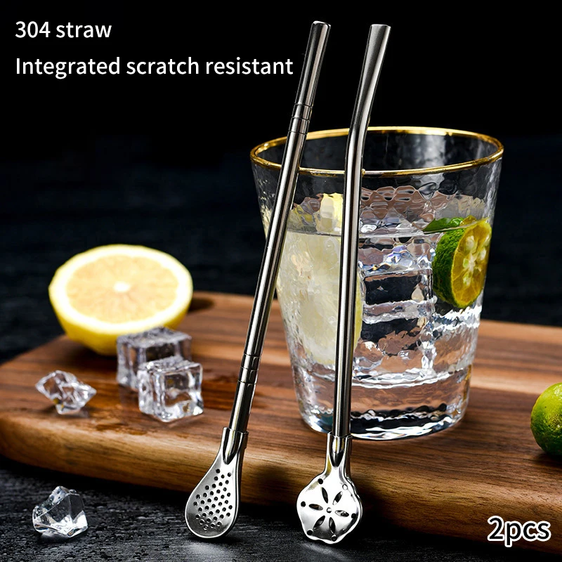 2pcs Detachable Filter Straw Stainless Steel Spoon Tea Yerba Mate Reusable Drinking Tools Bar Accessories