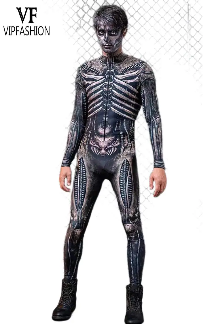 

VIP FASHION Men Skeleton Costume Purim Halloween Party Jumpsuit Adult Zentai Bodysuit Long Sleeve Carnival Performance Outfit