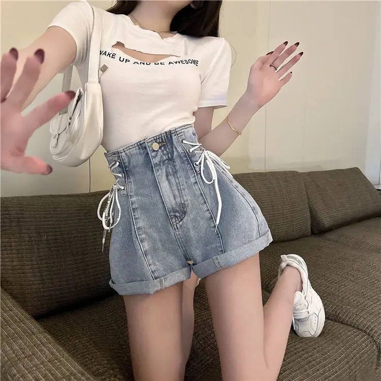 Chic Blue Denim Shorts for Women Korean Fashion High Waisted Shorts 2023 Summer Female Edge Curl Casual Loose Short Jeans Woman