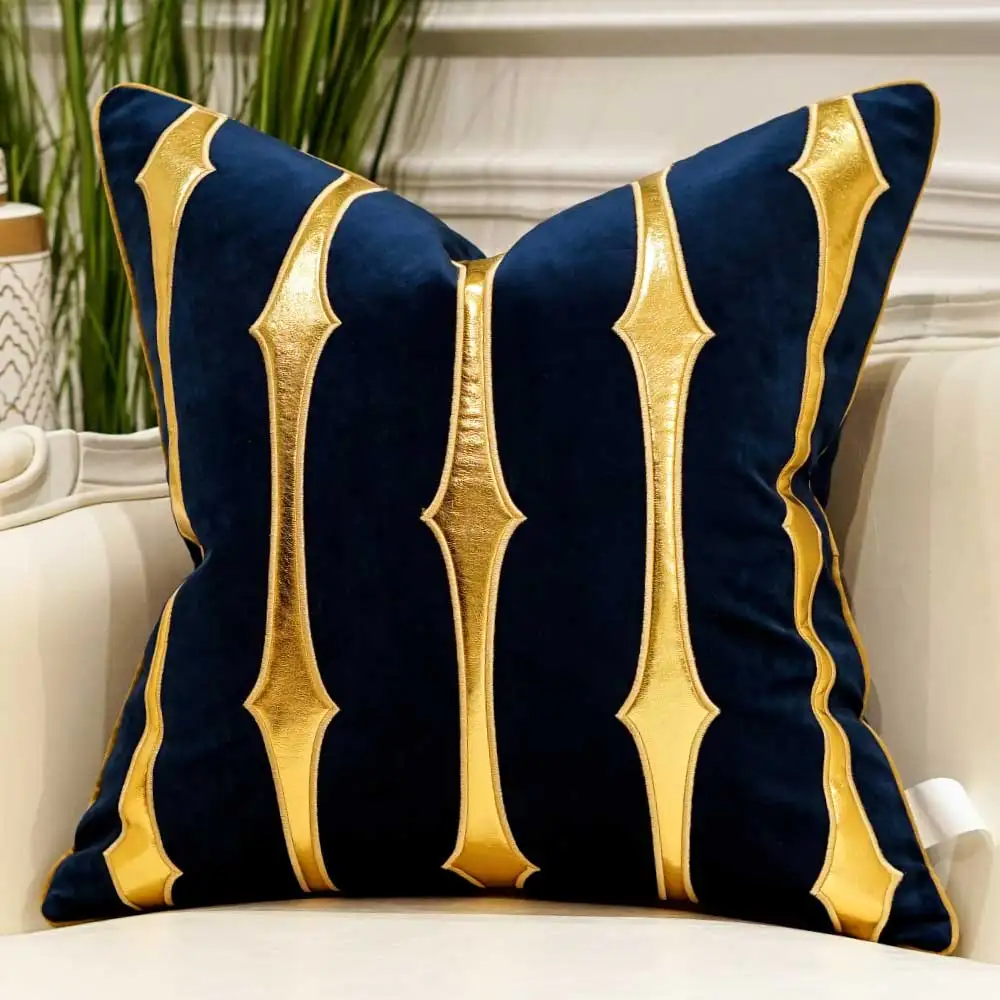 Aeckself Luxury Geometric Stripe Leather Embroidery Velvet Cushion Cover Home Decor Blue Gold Gray Black Throw Pillow Case