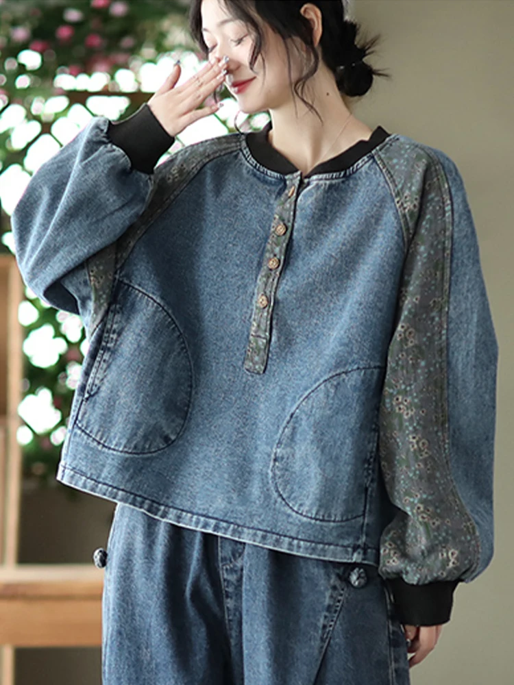 FairyNatural New Chinese Fasion Streetwear 2022 Spring Ladies Casual Denim Coats Print Clothing Women Retro Jean Jacket Big Size |