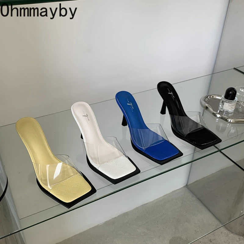 

Sexy High Heel Women Slippers Fashion Summer Transparent Slip On Shoes Ladies Outdoor Party Dress Square Toe Slides