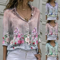 autumnsummer 2022 elegant fashion womens long sleeve loose shirt casual abstract floral theme printed daily button t shirt top