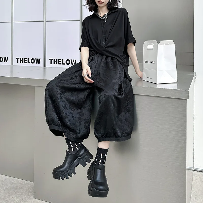 

China-Chic Style Jacquard Casual Wide Leg Pants 2023 Summer Women Streetwear Hip Hop Gothic Loose High Waist Lantern Capris 8824