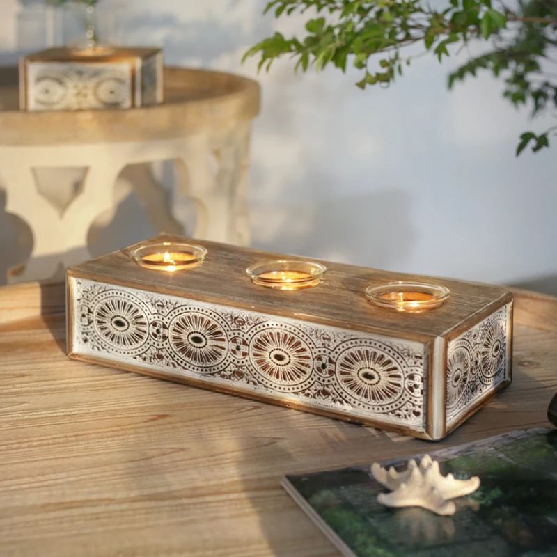 

Pastoral Style Wooden Vintage Carved Glass Candle Holder Creative Aromatherapy Decoration
