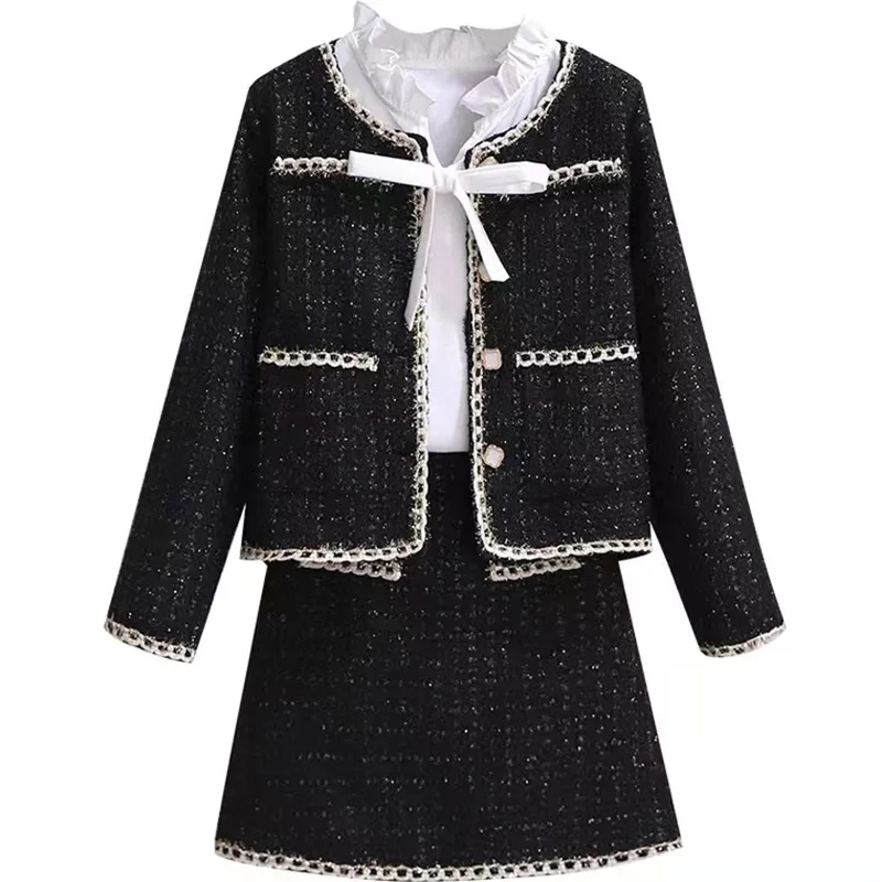 

Temperament Autumn Winter 2piece Set Fashion Hit Color O Neck Long Sleeve Black Tweed Jacket Crop Top High Waist Mini Skirt OL
