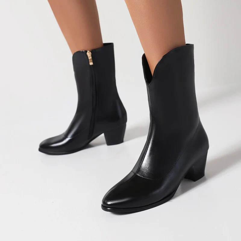 

Winter Buckle Womens Boots Genuine Leather Pointed Toe High Heel Boots Women Thick Zipper Warm Shoes Female Work Women Boots