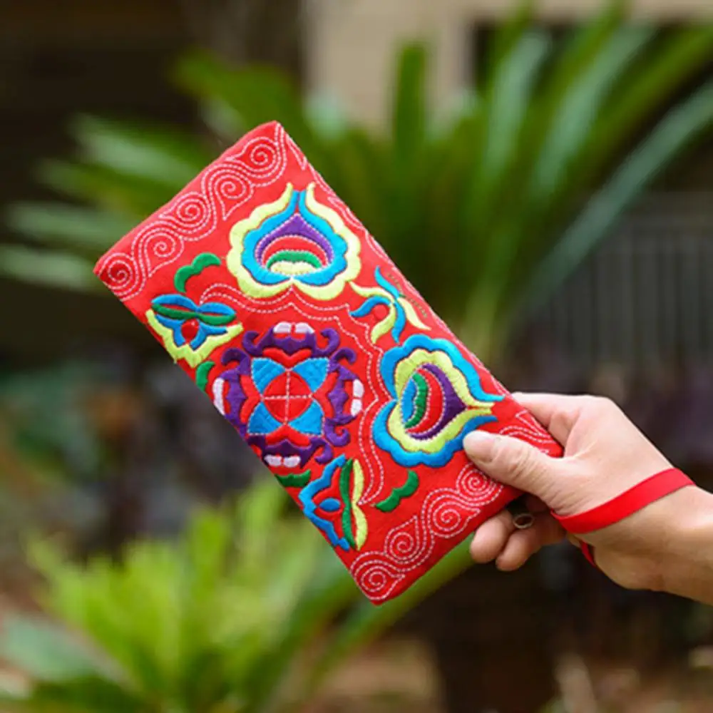 

Women Clutch Bag Money cash Holder phone storage case Ethnic Handmade Embroidered Wristlet Handbag Zipper Purse Long Wallet