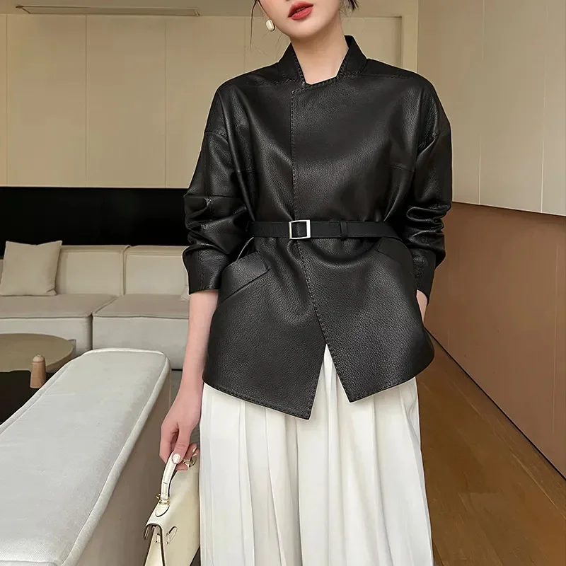 Черная кожаная куртка из оленьей кожи женское короткое пальто весна-осень 2024