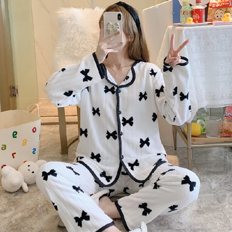 Spring Autumn Winter Pajamas Women's Coral Fleece Thickening and Fleece Ladies Pajamas Sweet and Cute Flannel Homewear Set
