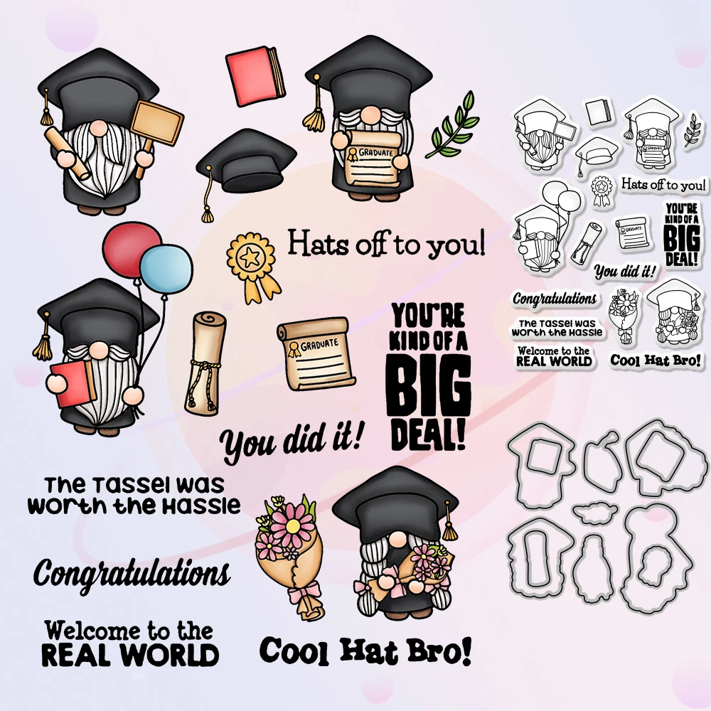 

Bachelor Cap Gnome Cutting Dies Clear Stamp Graduation Season Scrapbooking DIY Metal Dies Stamps Set Card Album Stencil Decor