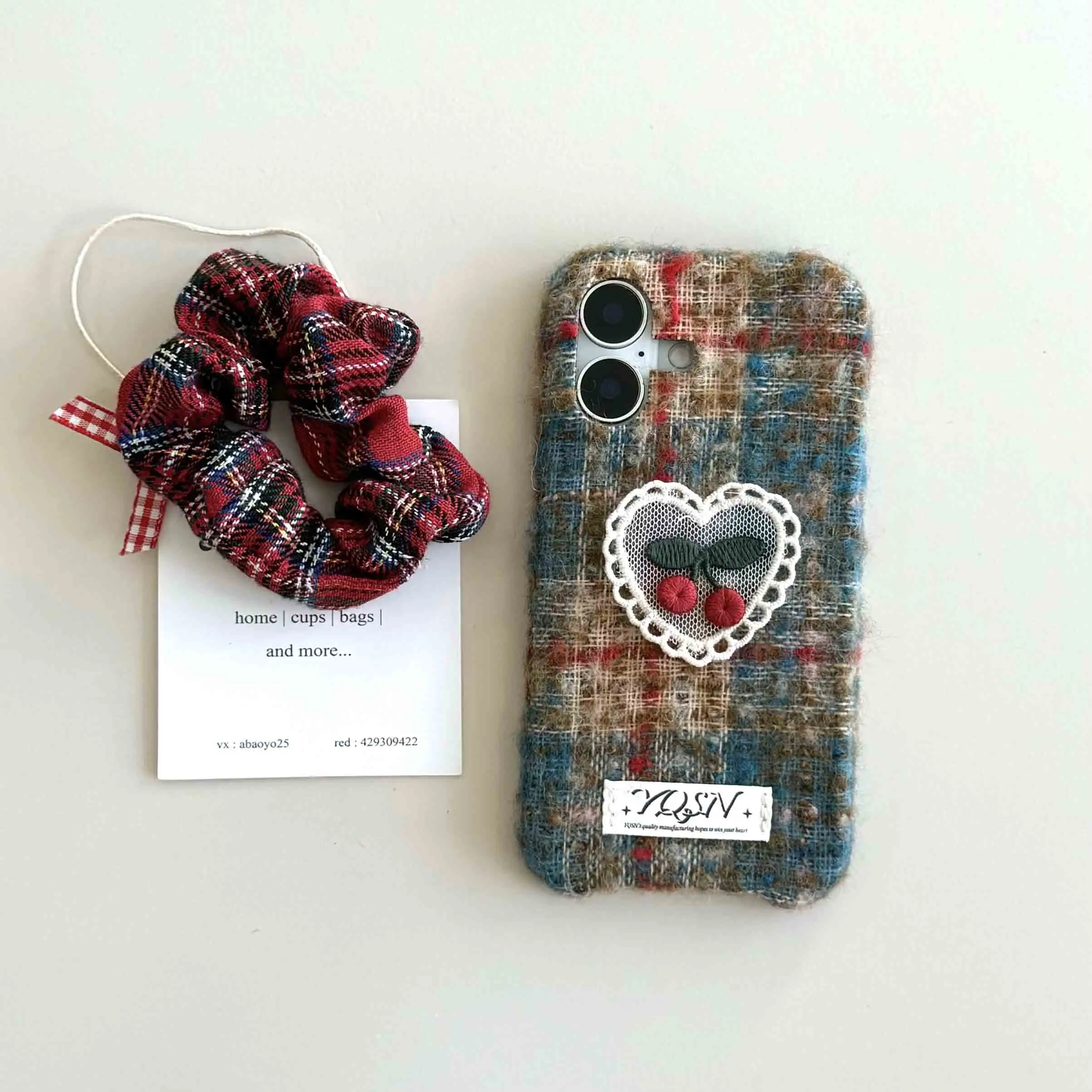 Ins embroidery love heart cherry cover for iphone 14promax 15pro 13 15 16 pro max 16pro 14 autume winter plaid check phone case