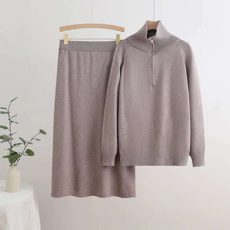 Fall Winter Knitted 2 Piece Sets Women Zipper Long Sleeve Knit Sweater Pullover Tops Conjuntos Casual High Waist Skirts Outfit