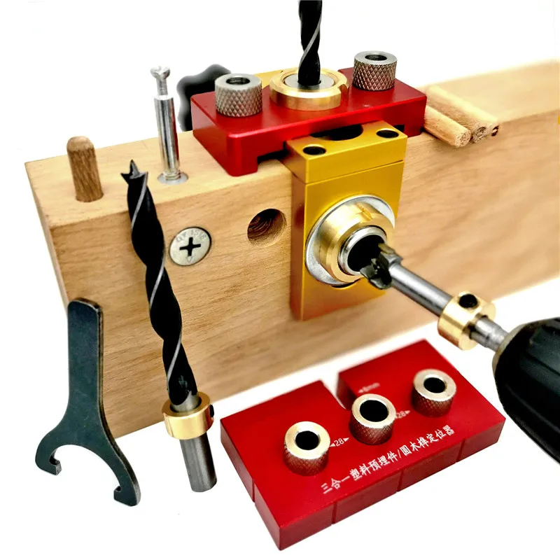 

3 In 1 Dowelling Jig Master Kit Woodworking Adjustable Aluminum Drilling Guide Locator with 8/10/15mm Drill for Wood Board Splic