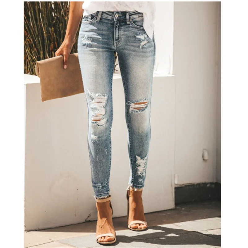 

Sexy Slim Fit Women Ripped Jeans Holes Mid Waist Denim Trousers Trendy Office Lady Washed Skinny Pencil Pant pantalones de mujer