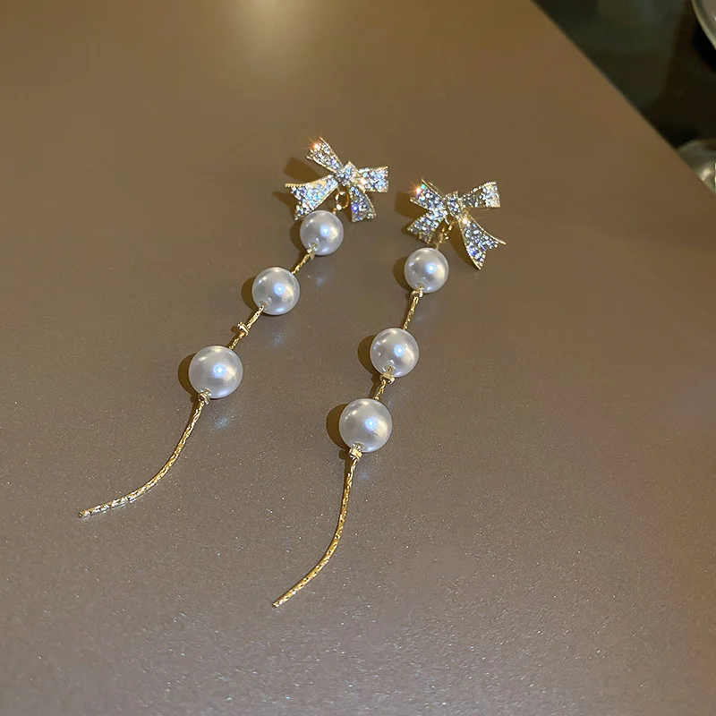

2022 Japan Korean Rhinestone Bowknot Simulated Pearl Tassel Long Earrings For Women Fashion Jewelry Party Dangle Pendientes