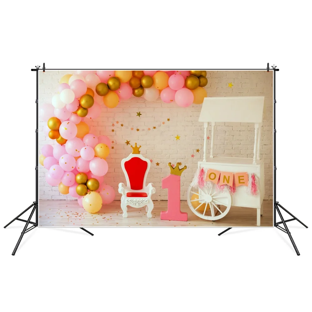 

1st Baby Birthday Party Photography Backgrounds Crown Queen Chair Balloons Golden Glitter Kids Backdrops Photographic Portrait