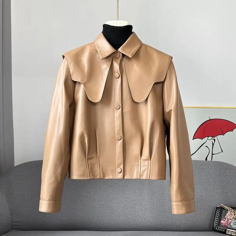 2022 Autumn Short Leather Jacket Female Navy Collar High Waist Sheepskin Jacket Young Sweet Women Leather Coat Y2k Style Top