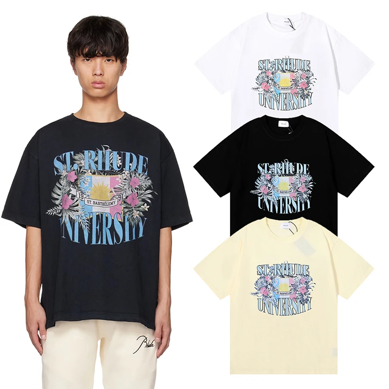 

Flag Flower Print Pattern Rhude Short Sleeve Men Women 1:1 Fashion Casual T-shirts Black White Apricot Tops Oversize RHUDE Tees