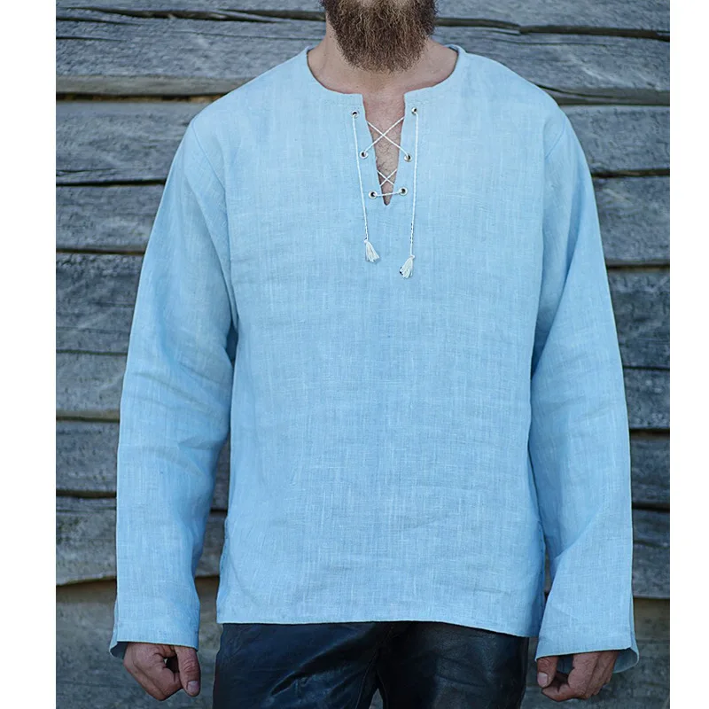 2022 Men Top Retro Fashion Middle Eastern Style Solid Color Lace-up Loose V-neck Long-sleeved Cotton Linen Shirts Men Pullover