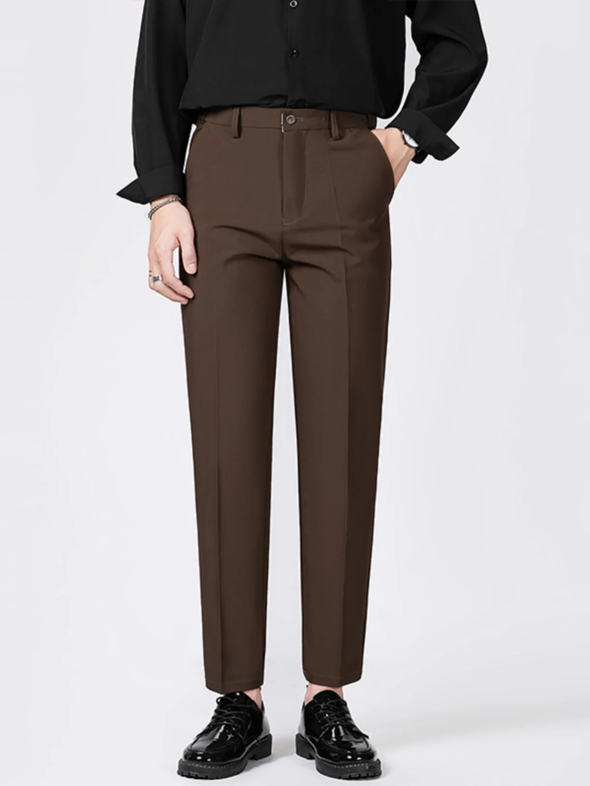 Young Sle Men's Suit Pants Spring and Autumn Drape Straight Ankle-Length Trendy Korean Series Pu Handsome Casual Smal...