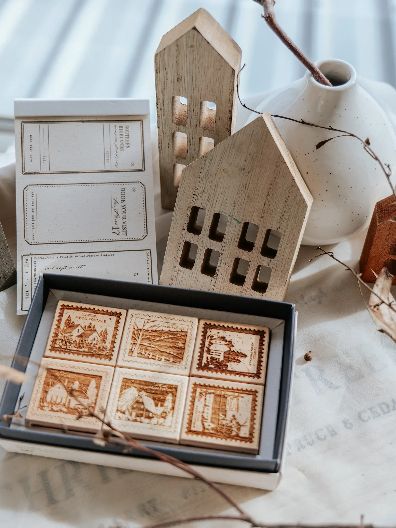 6pc Set Forest Houses Vintage Wooden Stamp Meow