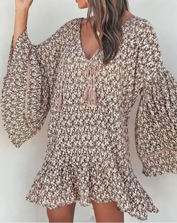 

Floral Print Dresses Women 2022 Spring Autumn New Fashion Bell Sleeve Tassel Casual Dress Lady Loose Mini Party Dresses