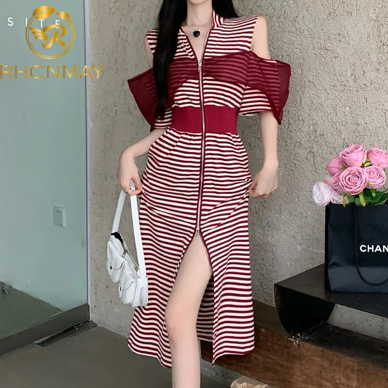 

New Vintage Slim 2022 Lace Up Off Shoulder Striped Print Bodycon Zip Pencil Dress Summer Party Women Midi Length Club Dress