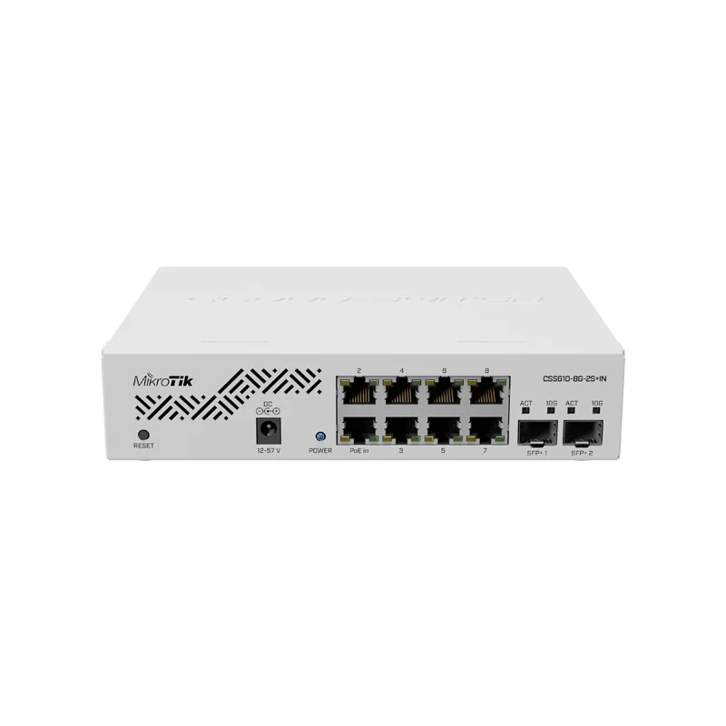 

MikroTik CSS610-8G-2S+IN Cloud Smart Switch, Eight 1G Ethernet ports and two SFP+ ports for 10G fiber connectivity, MAC filters