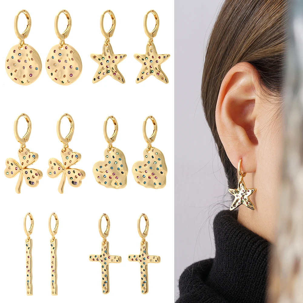

Bohemian Hoop Earrings Colorful Zircon Geometric Pendant Dangle Earrings Copper Female Ear Rings Party Gift Korean New Fashion