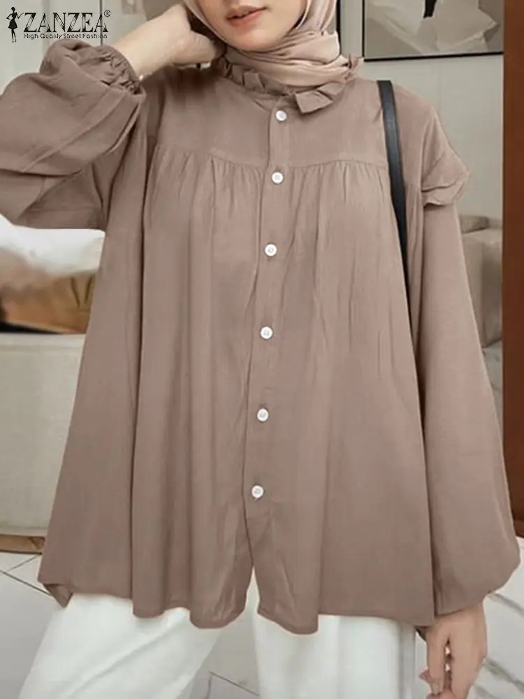 

Элегантная однотонная блестящая хиджаб-блузка ZANZEA, Женская Осенняя рубашка с длинным рукавом в мусульманском стиле, рабочие блузы 2023, винтажные топы с оборками