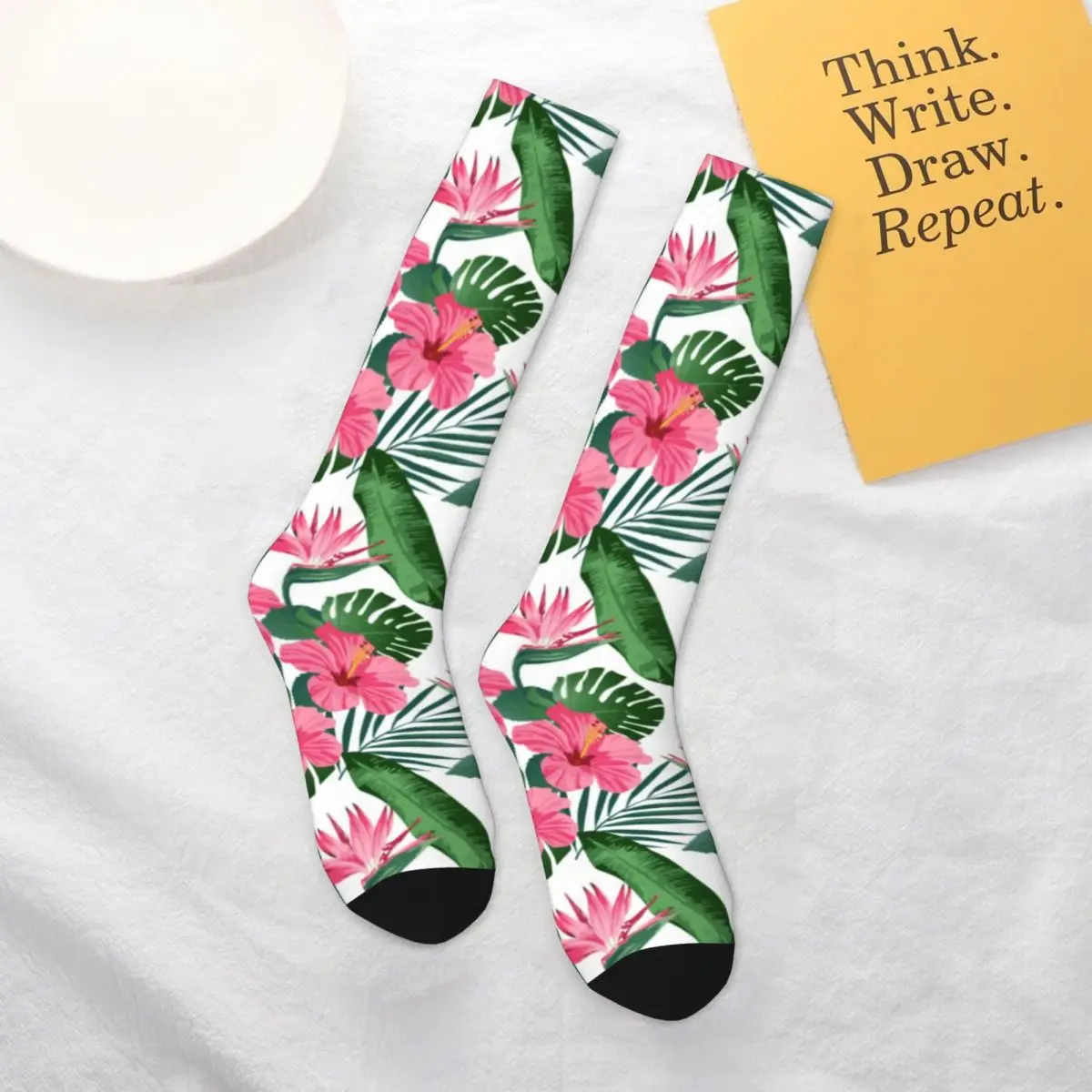 

Tropical Palm Leaves Socks Pink Hibiscus Flower Pattern Workout Breathable Mid Stockings Large Chemical Fiber Novelty Teen Socks