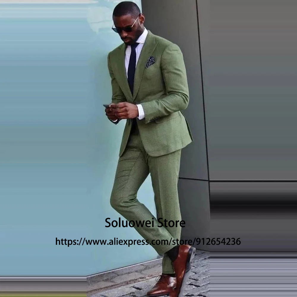 Модные Зеленые облегающие костюмы для мужчин комплект из 2 предметов пиджак и