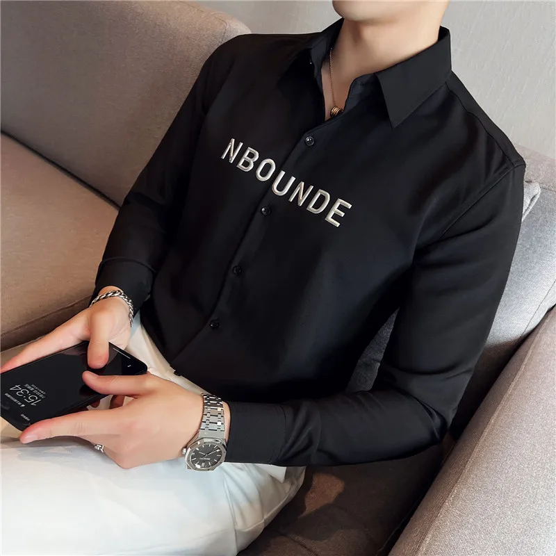 2022 Autumn Letter Embroidery Shirts Men Long Sleeve Slim Casual Shirt Social Party Tuxedo Blouse Streetwear Camisa Masculina
