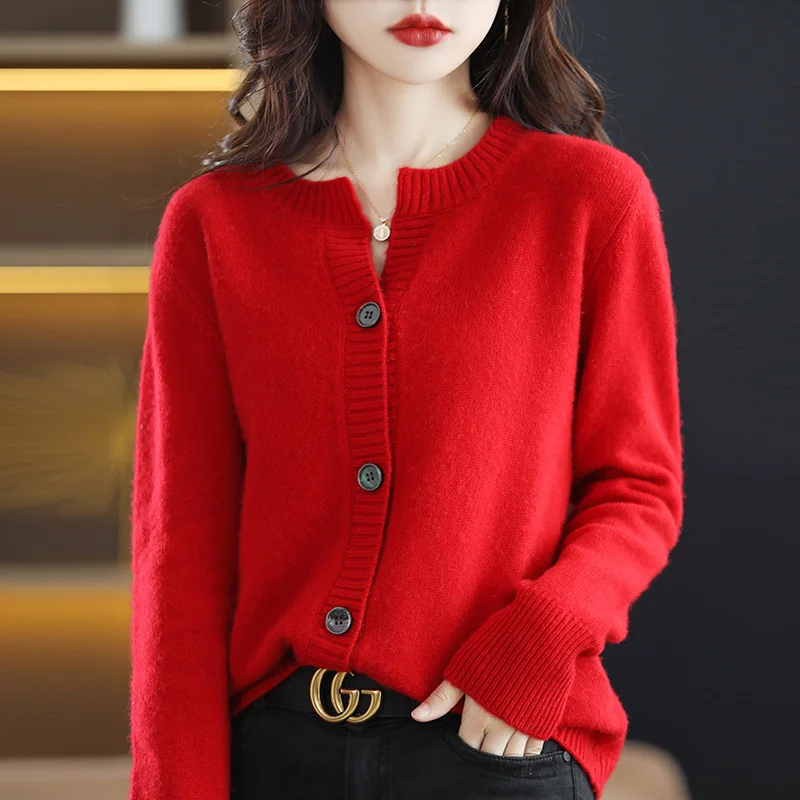 

Осенне-зимний женский свитер, женский кардиган, повседневное пальто, жакет с круглым вырезом и длинным рукавом, вязаные топы из 100% шерсти, блузка, кашемировый свитер