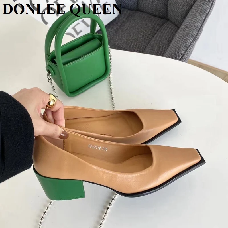 

Women Pumps Square Toe Green Thick Heels Office Dress Shoes Wedding Party Elegant Ladies Female Slip On Loafers Zapatillas Mujer