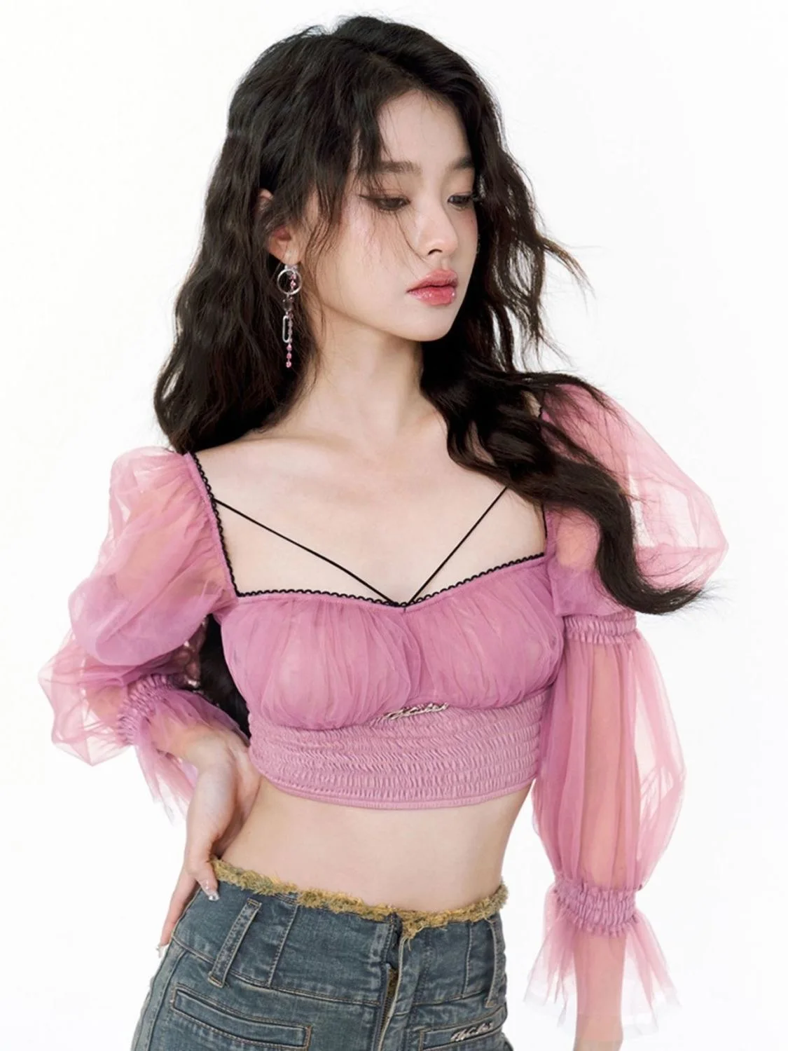 

Fall 2022 new long-sleeved chiffon female backless pure desire spice girl mesh short top fairy