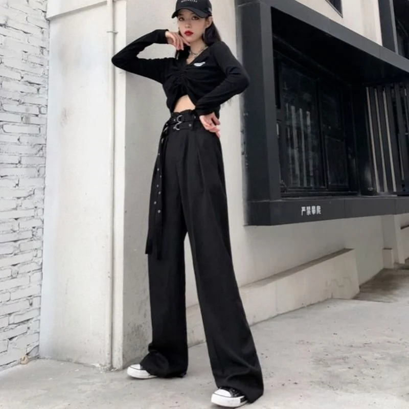 Feiernan Black Wide Leg Pants Suit Women Gothic Style Sashes High Waist Trousers 2022 Casual Mall Goth Cargo Pants Female Punk images - 6