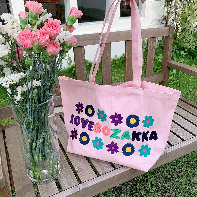 2022 Flower Letter Embroidery Shoulder Bags for Women's Korean Fashion Large Designer Shopping Bags Summer Canvas Tote Bags