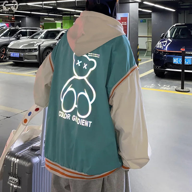 

Men's Fashion Baseball Jacket Reflective Bear Print Jacket for Men Man Oversize Coat Casual Men's Clothing Streetwear