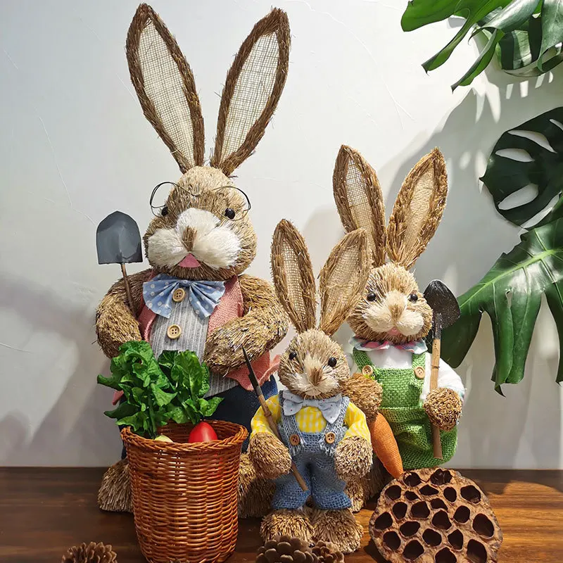 

2022 New Cute Straw Rabbits Bunny Decorations Easter Party Kids Gifts Home Garden Wedding Ornament Photo Props Crafts Pair 2