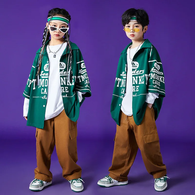 

Детская одежда в стиле хип-хоп, темно-зеленая рубашка с буквенным принтом, коричневые уличные брюки-карго для девочек и мальчиков, костюм для джазовых танцев, одежда