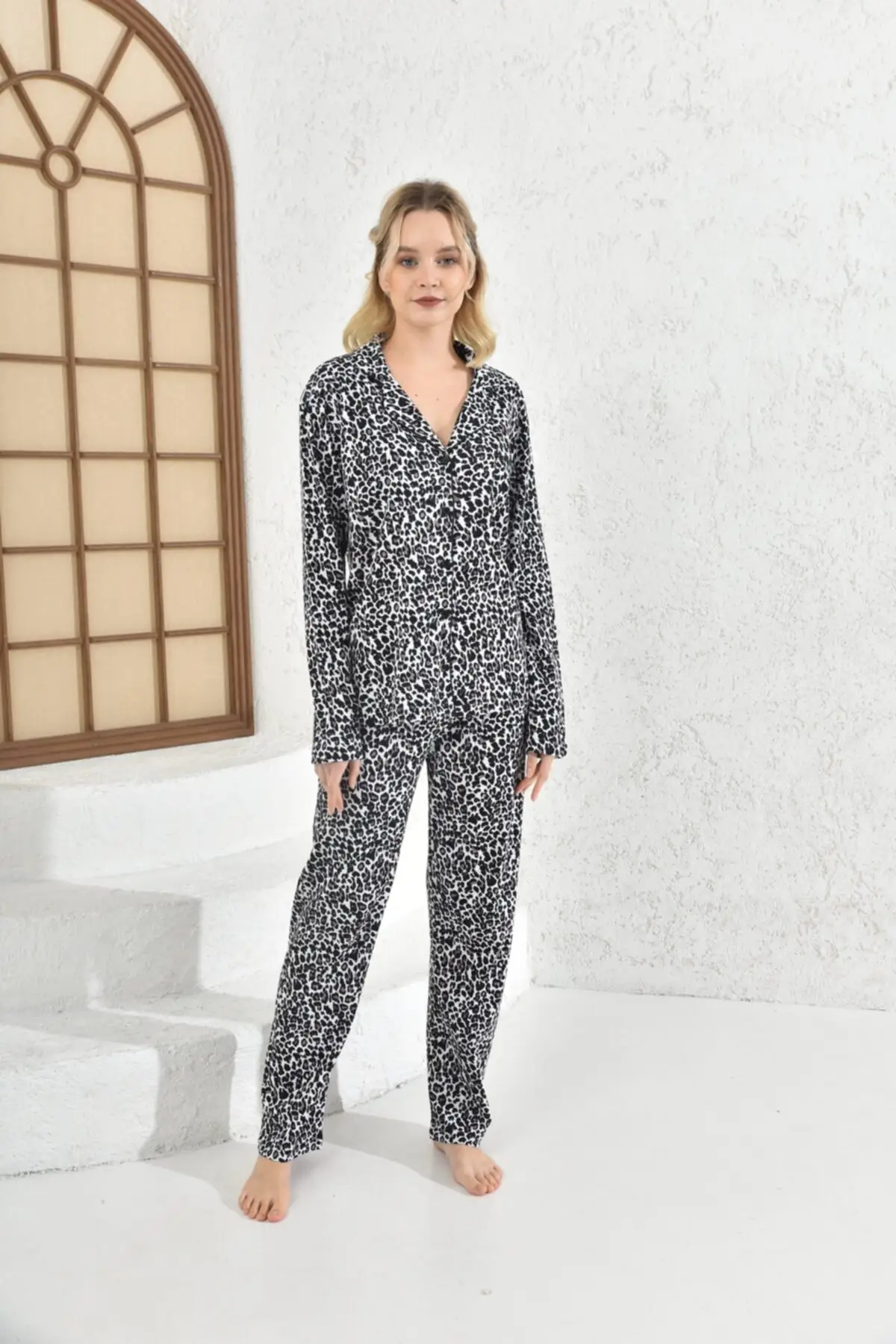 

Women's Pajamas Rib Baby Collar White Leopard Sleep Lounge Pajamas Nightwear Sleepwear Night Suit Casual Home Clothing