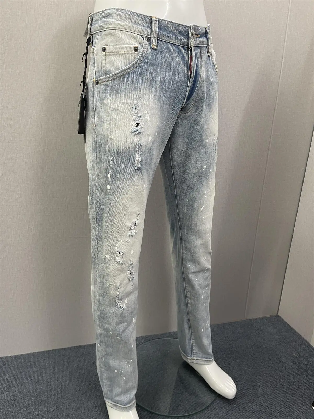 

2023 New D2 Jeans Fashion Men's Washed and Worn Out Micro Elastic Paint Speckled Ink Fashion Brand Slim Fit Small Feet Denim Pan